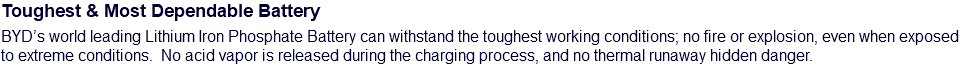 Toughest & Most Dependable Battery BYD’s world leading Lithium Iron Phosphate Battery can withstand the toughest working conditions; no fire or explosion, even when exposed to extreme conditions. No acid vapor is released during the charging process, and no thermal runaway hidden danger.